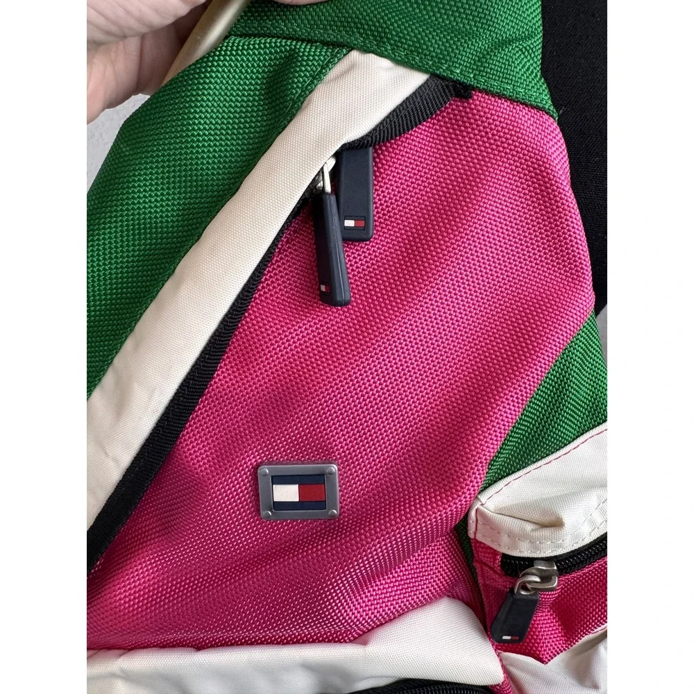 Tommy Hilfiger Sling Backpack Pink Green Crossbody Travel Bag Y2K Colorblock